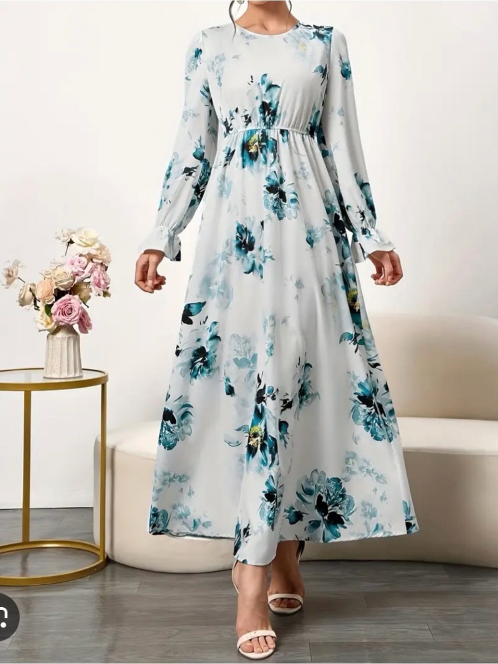 Blue Floral Maxi Dress with Long Sleeves